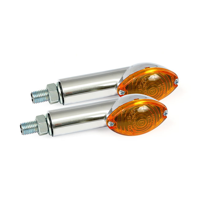 Buy MCS — Cateye Mini intermitentes vástago 40mm, cromo con lente ámbar — Dapper Motor Dapper Motor — MCS — Cateye Mini intermitentes vástago 40mm, cromo con lente ámbar | iluminación moto